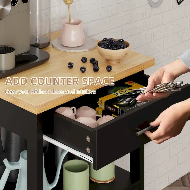 Carrello da Cucina con Isola e Contenitore, Tavolino Laterale su Ruote con Piano di Lavoro