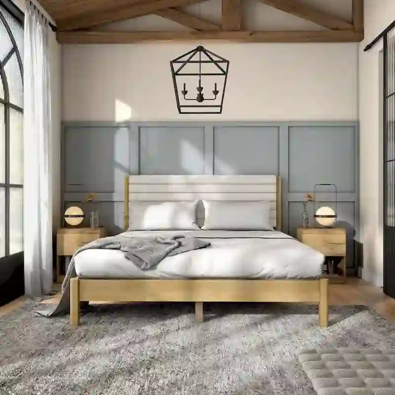 Letto a piattaforma Queen imbottito a canali con doghe in legno massello