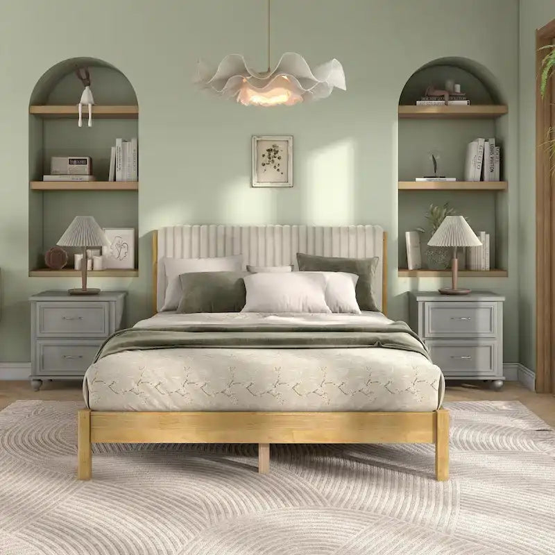 Letto a piattaforma Queen imbottito a canali con doghe in legno massello