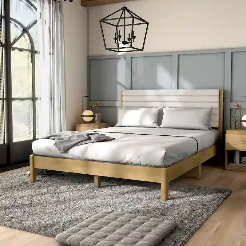 Letto a piattaforma Queen imbottito a canali con doghe in legno massello