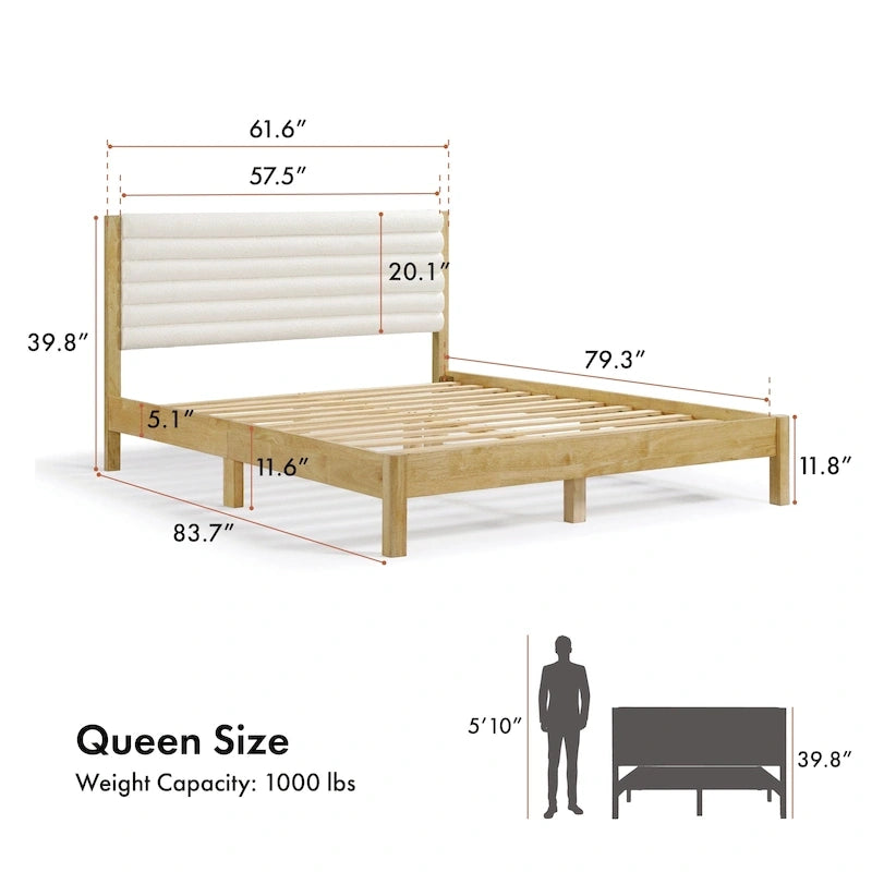 Letto a piattaforma Queen imbottito a canali con doghe in legno massello