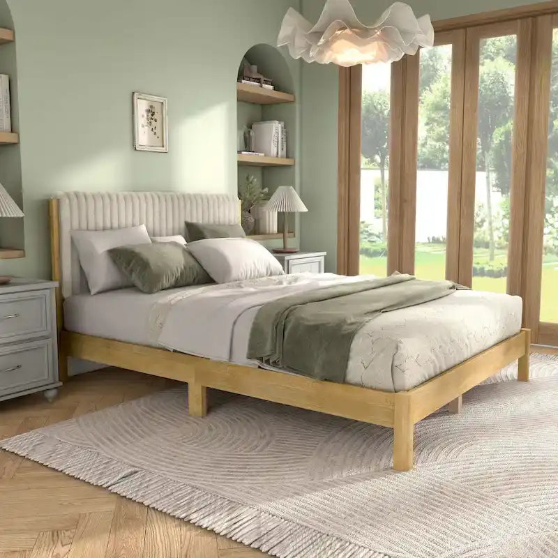 Letto a piattaforma Queen imbottito a canali con doghe in legno massello
