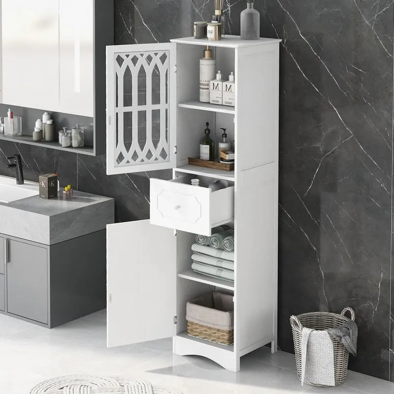 Mobiletto da Bagno Indipendente con Cassetto, 2 Ante e Ripiano Regolabile