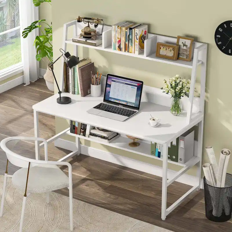Scrivania per Computer con Alzata e Libreria