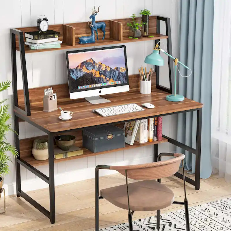 Scrivania per Computer con Alzata e Libreria