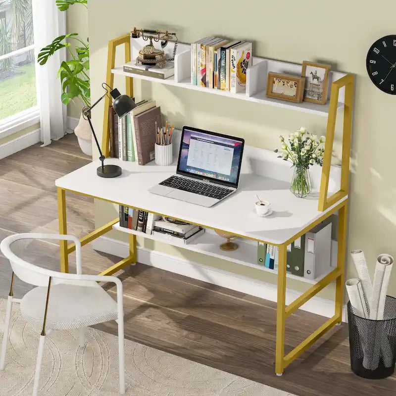 Scrivania per Computer con Alzata e Libreria