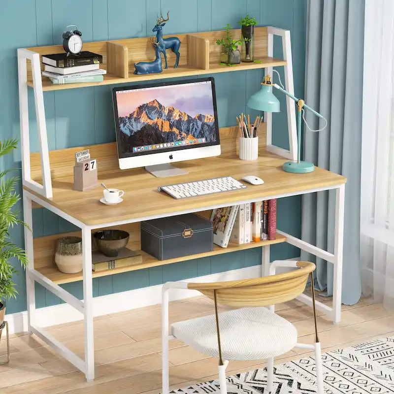 Scrivania per Computer con Alzata e Libreria