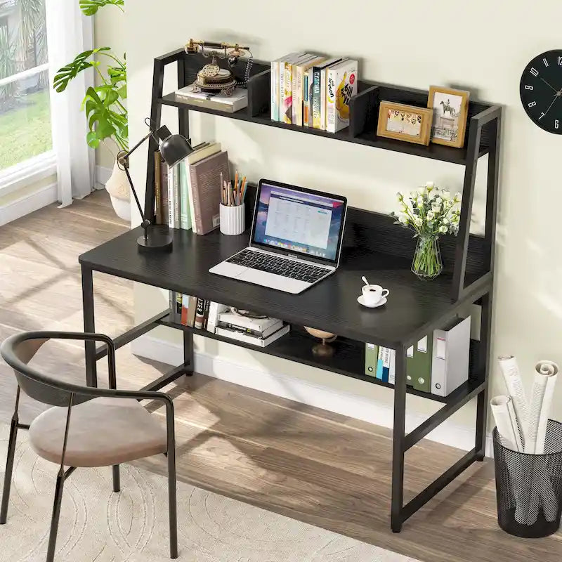 Scrivania per Computer con Alzata e Libreria