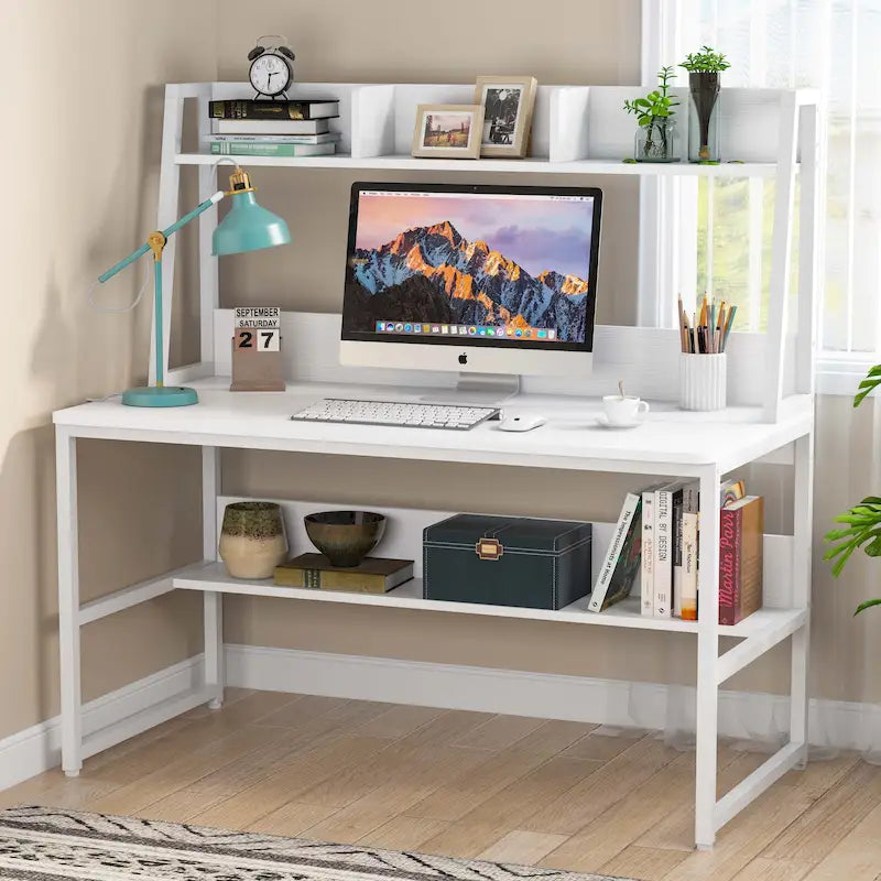 Scrivania per Computer con Alzata e Libreria