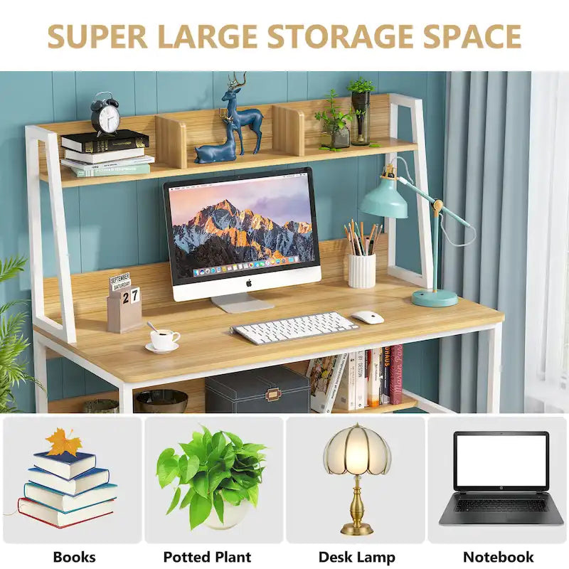 Scrivania per Computer con Alzata e Libreria