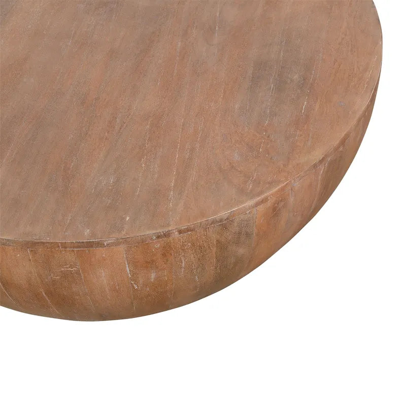 Tavolino Rotondo in Legno di Mango con Base a Doghe, Marrone Effetto Invecchiato