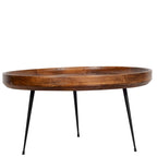 Tavolino da caffè rotondo in legno di mango con gambe metalliche oblique, marrone e nero