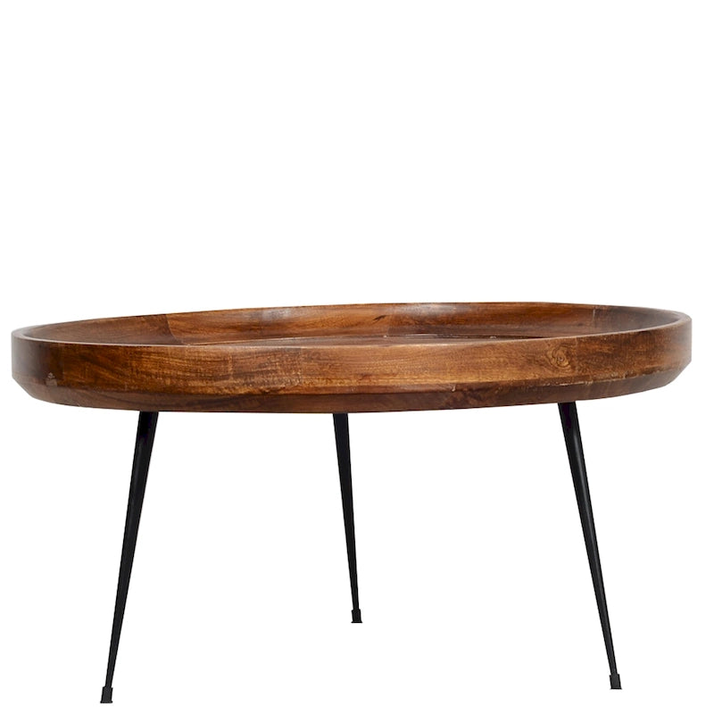Tavolino da caffè rotondo in legno di mango con gambe metalliche oblique, marrone e nero