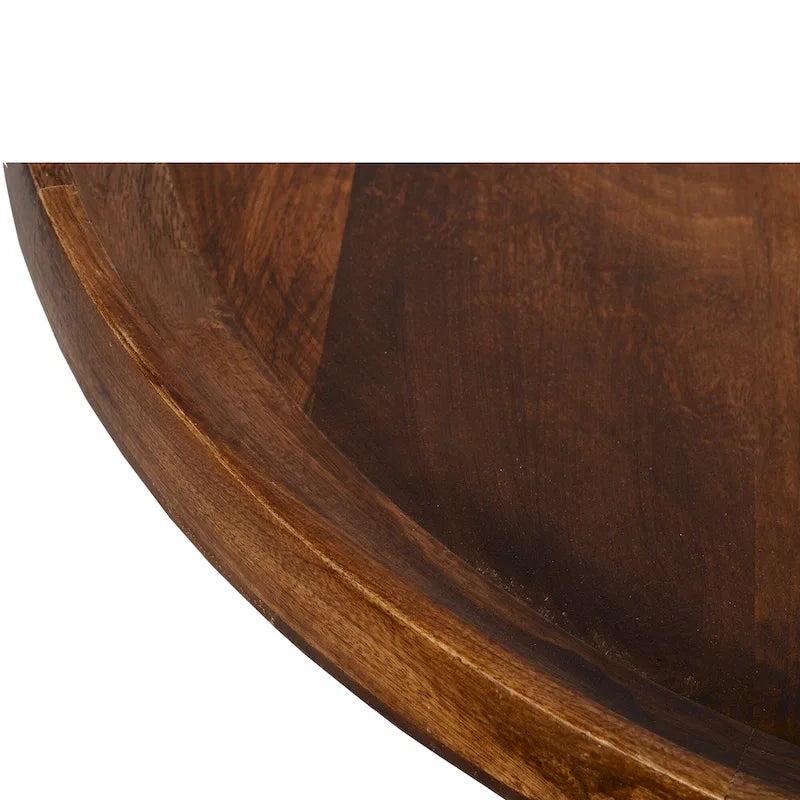 Tavolino da caffè rotondo in legno di mango con gambe metalliche oblique, marrone e nero