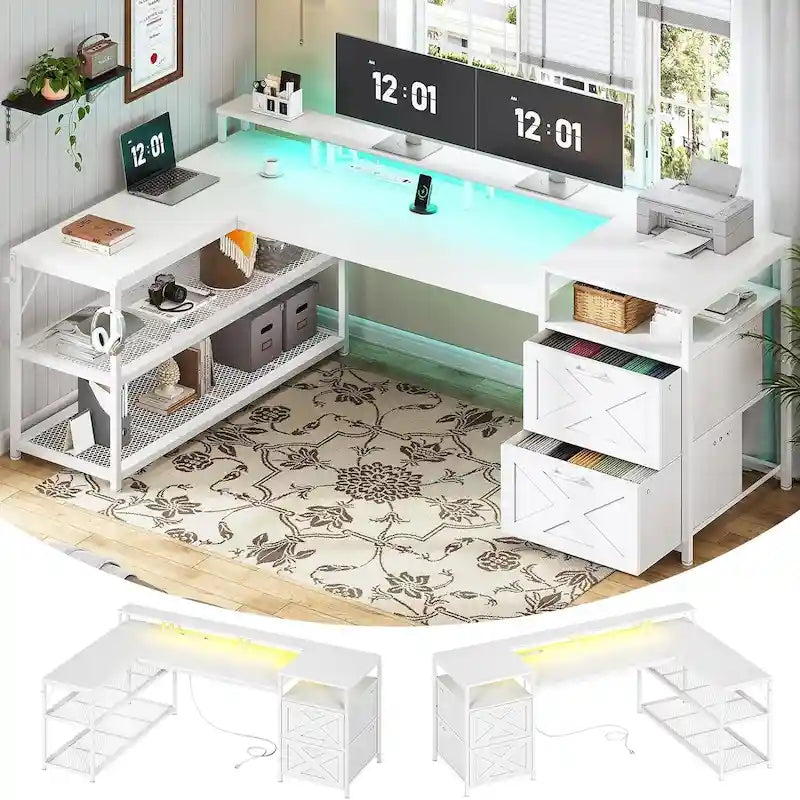 Scrivania a L da 67" con cassetti, ripiani portaoggetti, presa di corrente e luci a LED