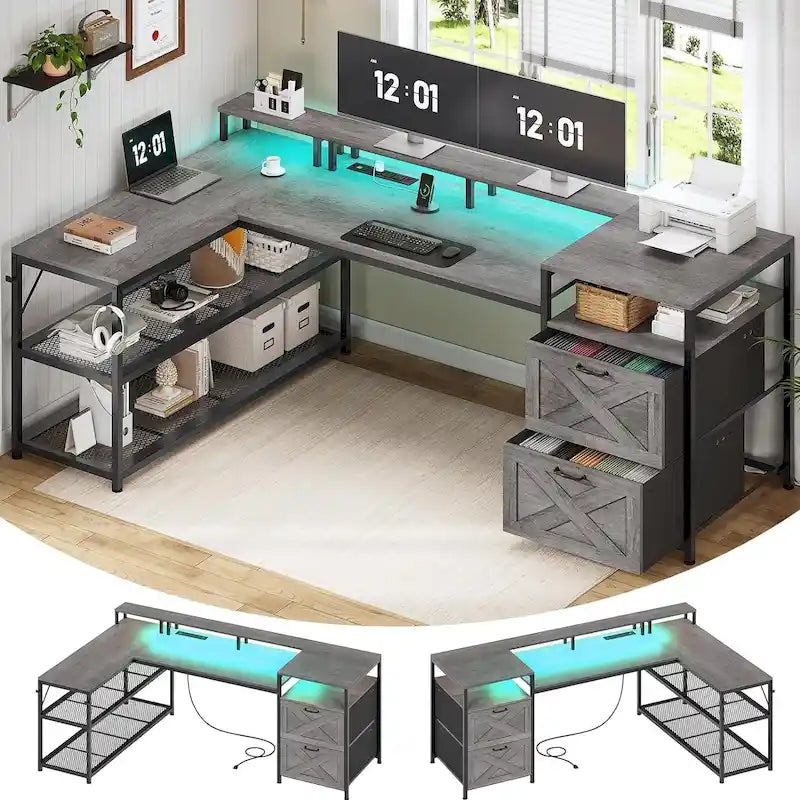 Scrivania a L da 67" con cassetti, ripiani portaoggetti, presa di corrente e luci a LED