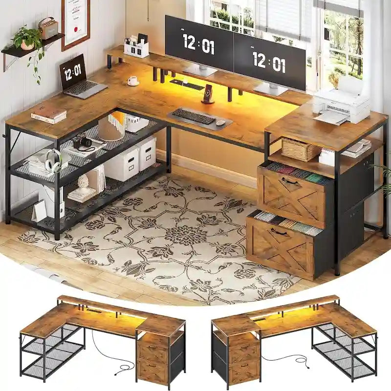 Scrivania a L da 67" con cassetti, ripiani portaoggetti, presa di corrente e luci a LED