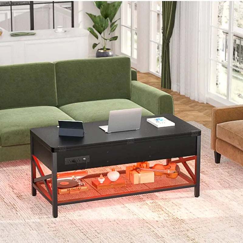 Tavolino da caffè sollevabile con luci LED e porte USB