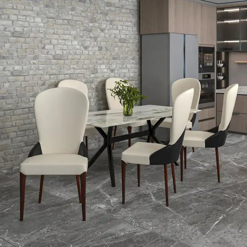 Sedia da pranzo in legno massello con rivestimento in pelle e design bicolore