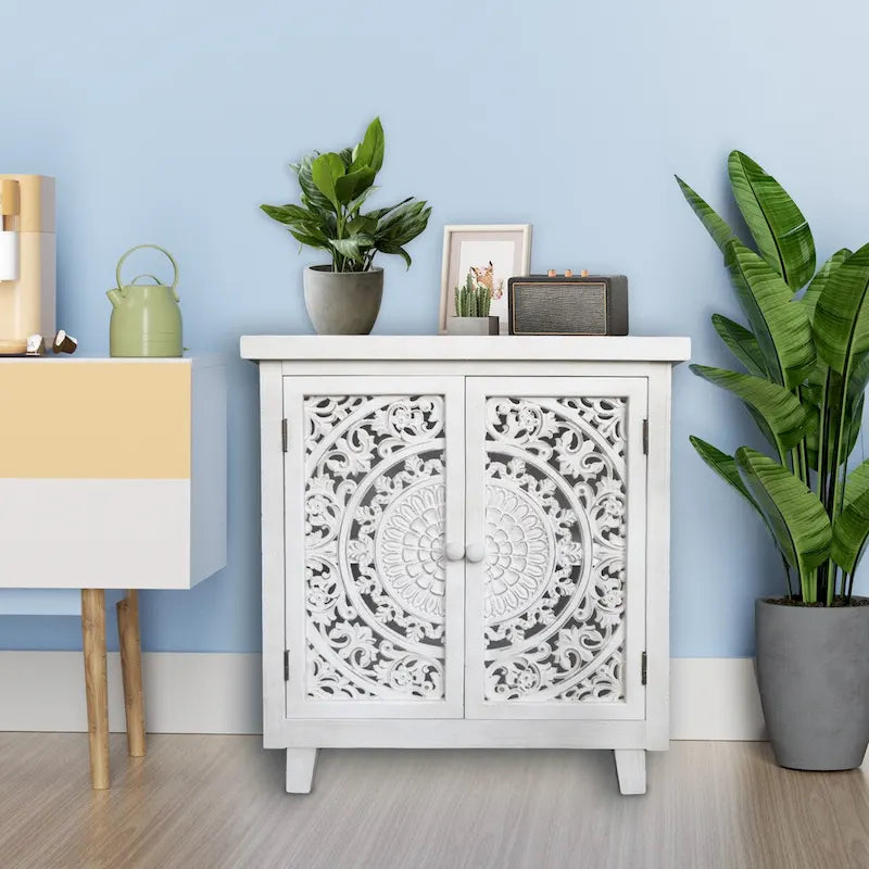 Mobile Contenitore di Design con 2 Ante Intagliate – 70 x 35,8 x 77 cm