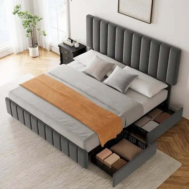 Telaio letto a piattaforma con 4 cassetti contenitore e testiera regolabile