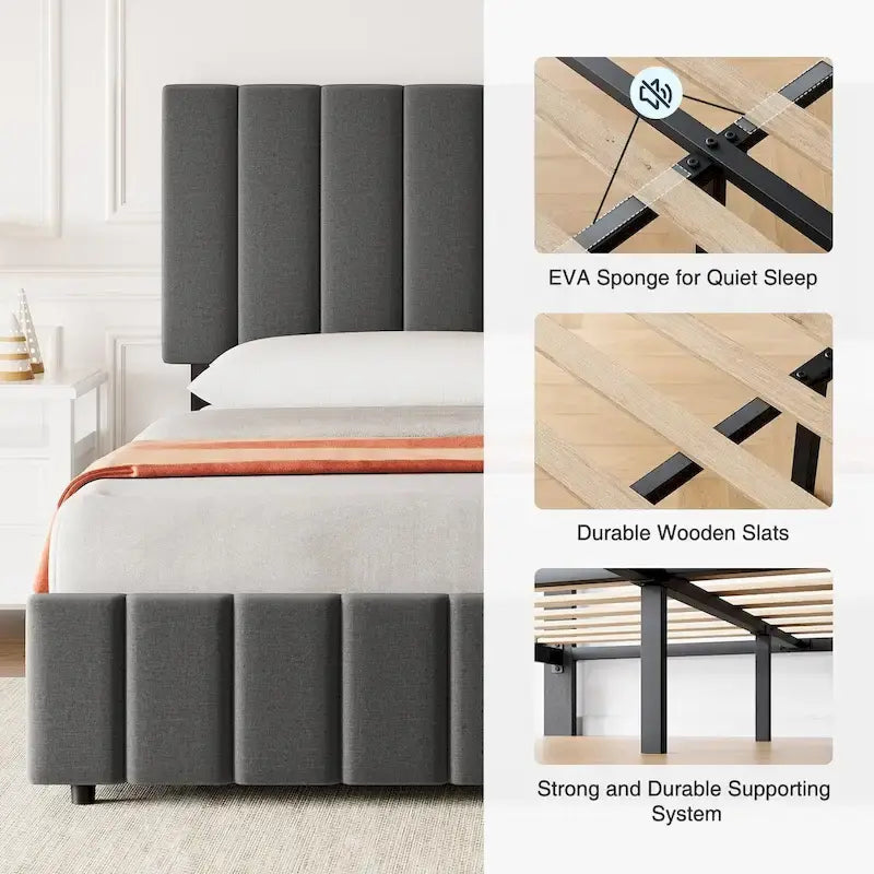 Telaio letto a piattaforma con 4 cassetti contenitore e testiera regolabile