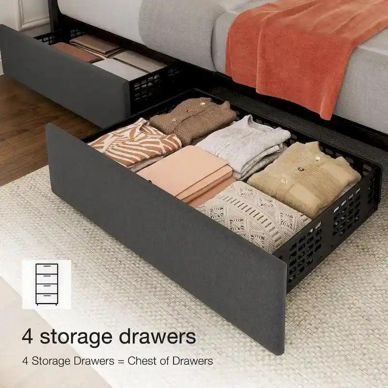 Telaio letto a piattaforma con 4 cassetti contenitore e testiera regolabile